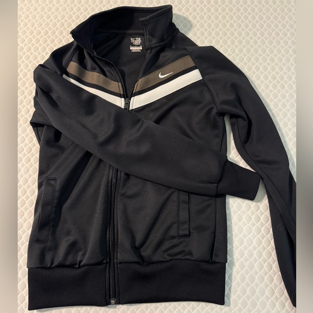 Nike Women's Black Bomber Jacket with White and Brown Accents